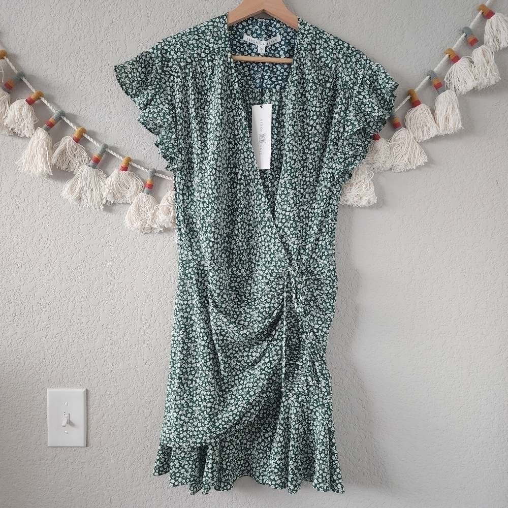Veronica Beard Marla Silk Mini Dress In Forest Green Floral Prairie Cottage NWT